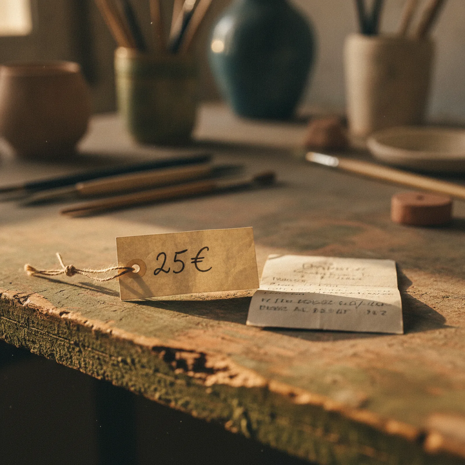 Étiquette de prix manuscrite et reçu posés sur un bureau en bois brut