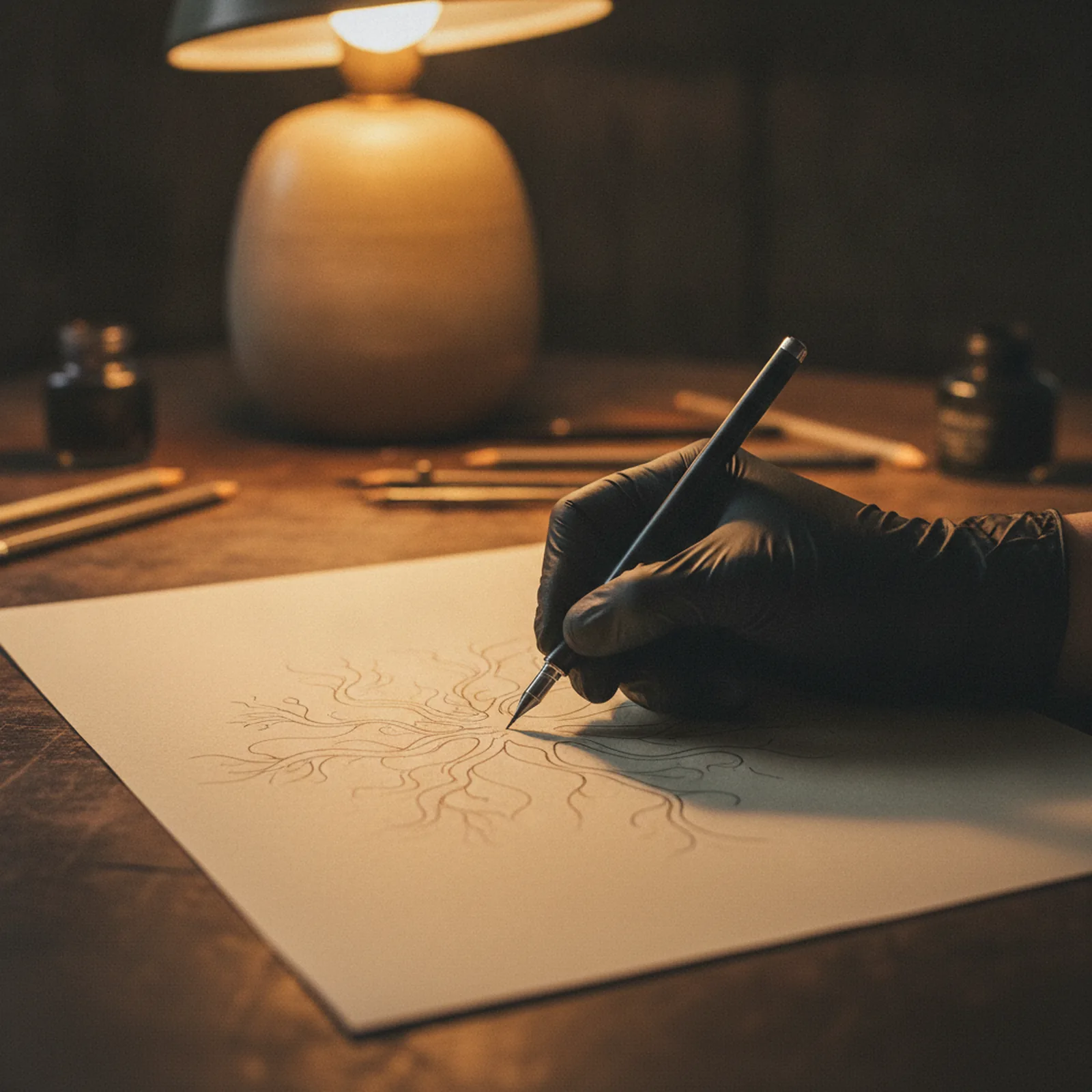Main gantée dessinant un trait fin sur papier au feutre technique