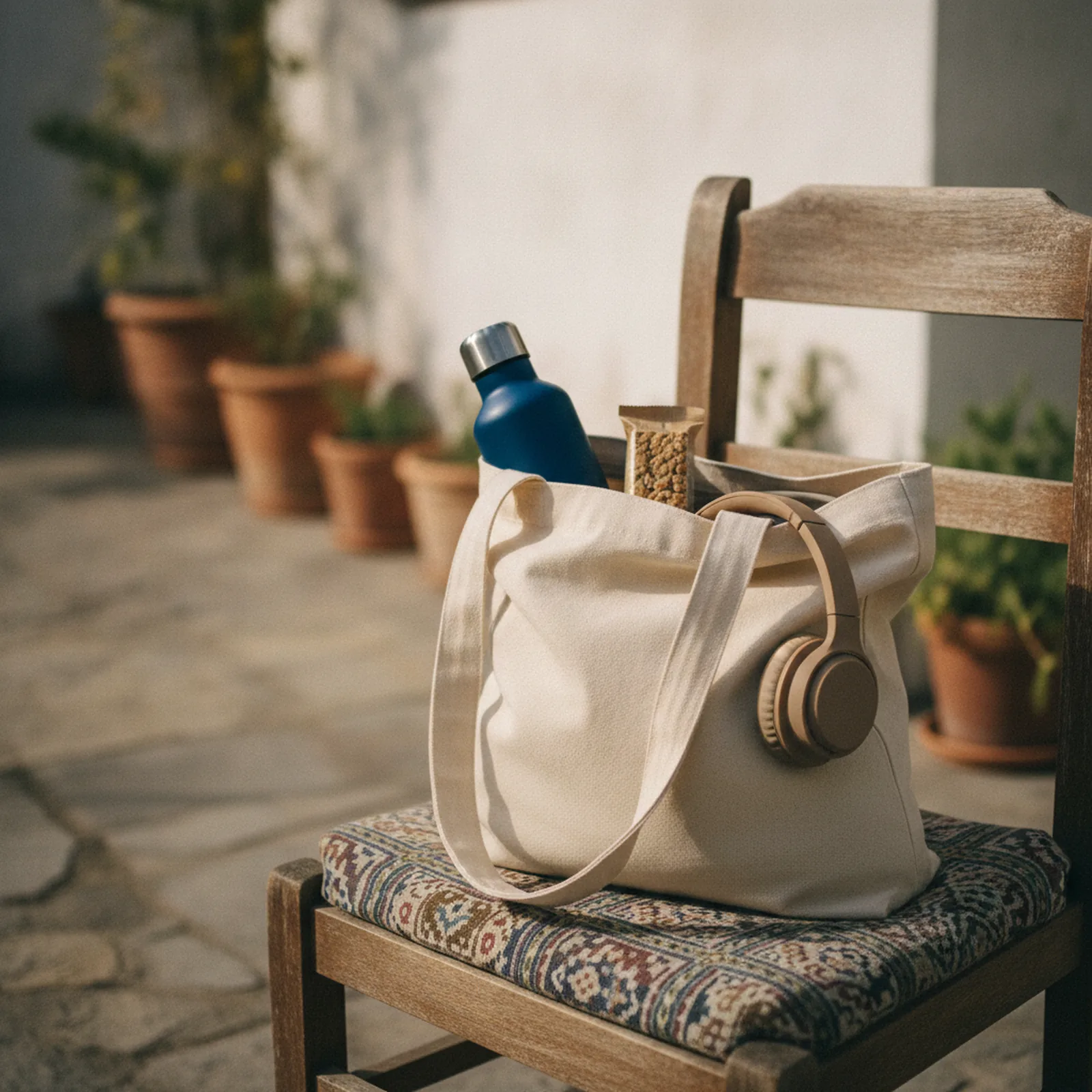 Sac préparé avec bouteille d'eau, encas et écouteurs sur une chaise