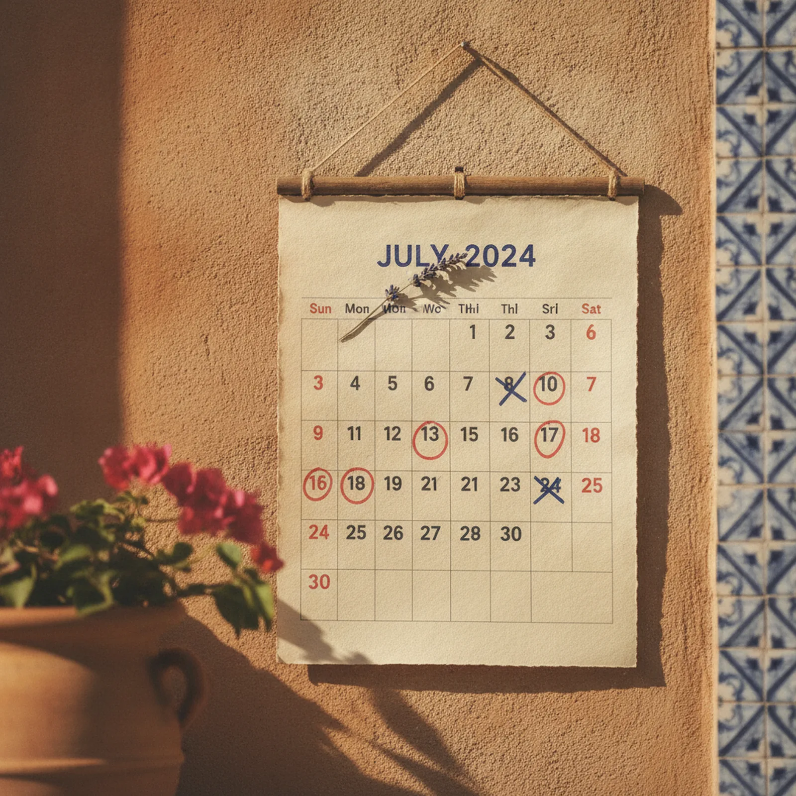 Calendrier mural avec plusieurs jours cochés, lumière naturelle