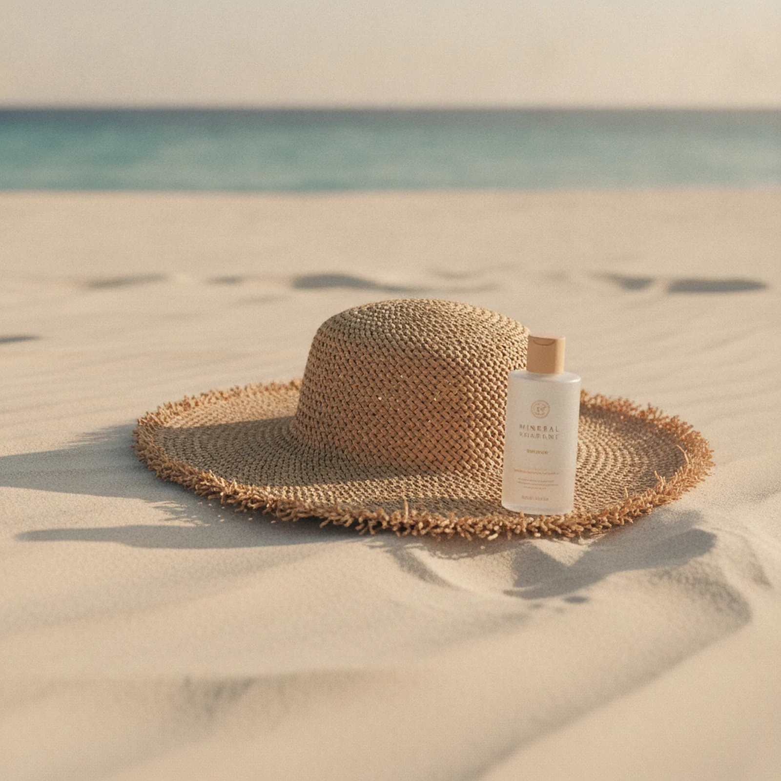 Chapeau de paille à larges bords et flacon de crème solaire posés sur le sable